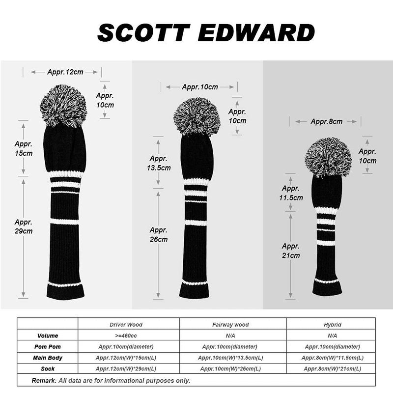 Scott Edward Black White Stripes Golf Headcover Set of 5 PCS, Driver Wood Cover *1, Fairway Wood Cover *2, Hybrid Cover * 2, with Rotating Number Tags. - Image 2